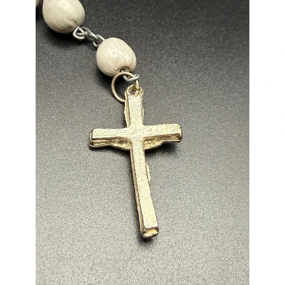 Natural Jobs Tears Seed Rosary Necklace Silver Tone Crucifix Virgin Mary Medal
